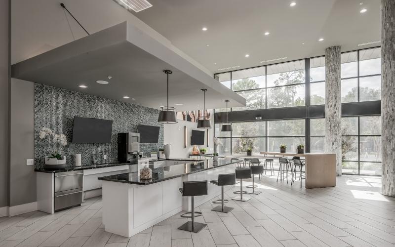 a kitchen with a large window